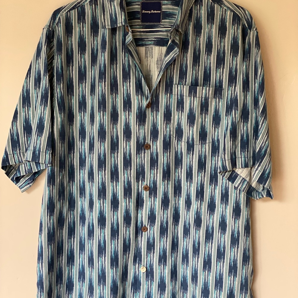 Tommy Bahama Navy and Light Blue Ikat Short Sleeve Shirt